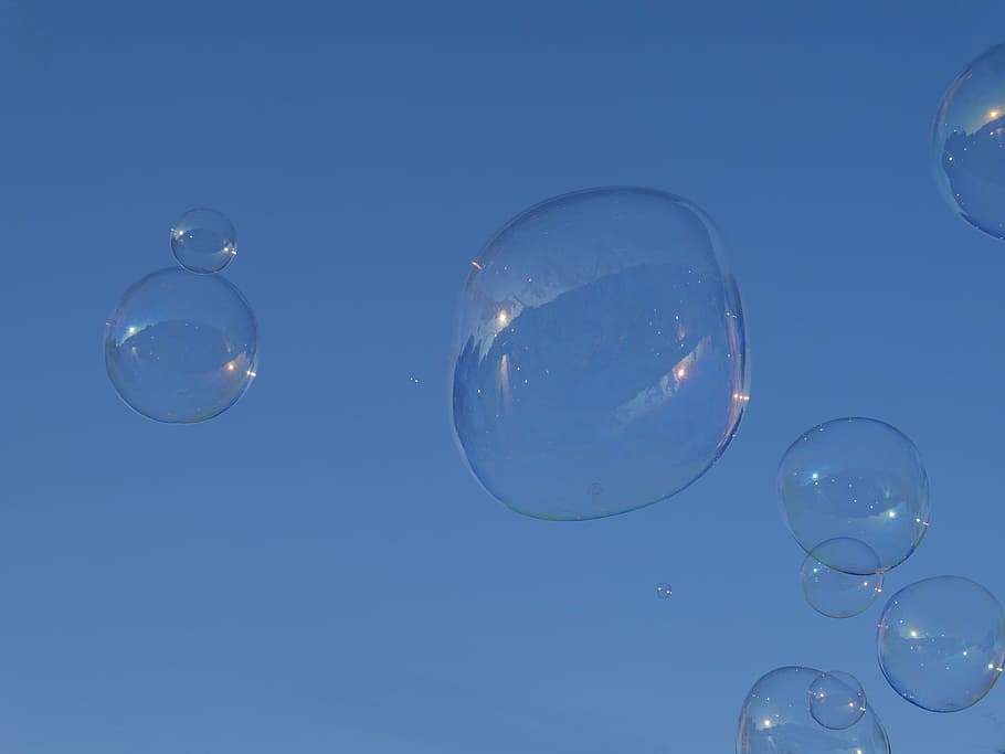 foto close-up, gelembung, gelembung sabun, udara, air sabun, langit biru, untuk memanggil, berkilau, kilau, sabun Sud