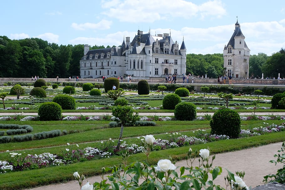 castle, chenonceau, garden, loire, architecture, plant, building exterior, built structure, tree, nature