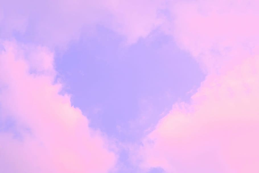 紫, ハート形の雲, パープルハート, ハート形, 雲, 背景, 青, 自然, 空, 夏