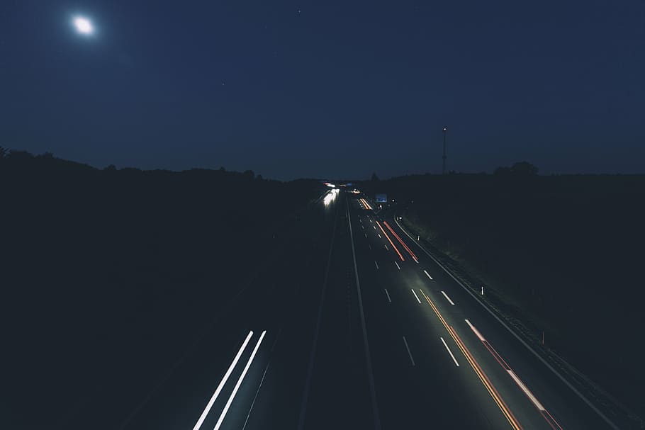 time-lapse photography, road, night, timelapse, photography, cars, passing, blue, skies, city