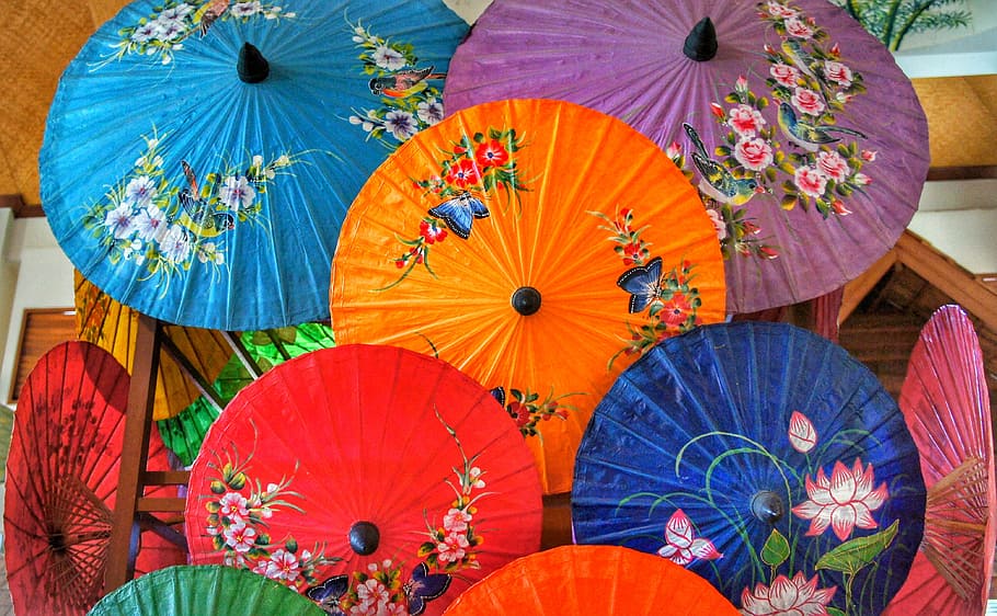 paper, umbrella, oriental, handmade, hand painted, colourful, chiang mai, thailand, sunshade, traditional