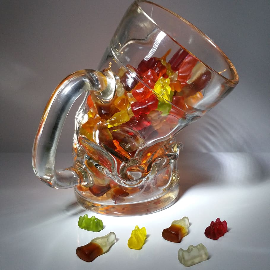 mug, gummibärchen, cola bottles, beer mug, glass mug, gummi bears, bear, food and drink, indoors, glass - material