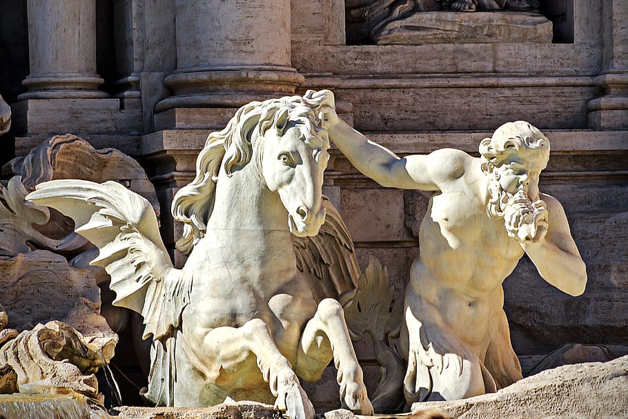 statue, trevi fountain, rome, sculpture, architecture, source, stone, art and craft, representation, human representation