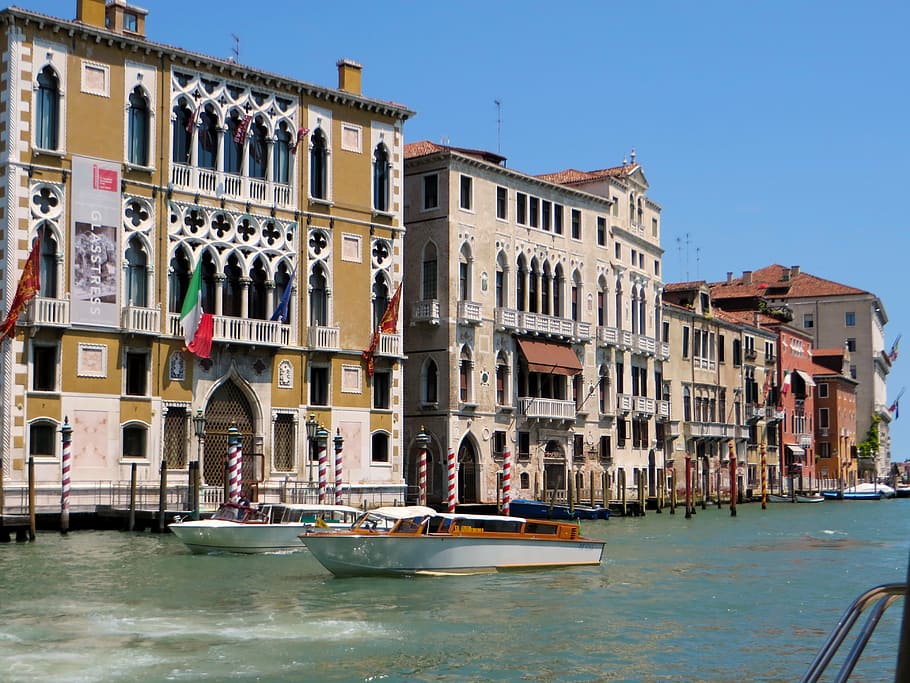 barco, al lado, edificio, azul, cielo, italia, venecia, gante-canal, ca-oro, palacio