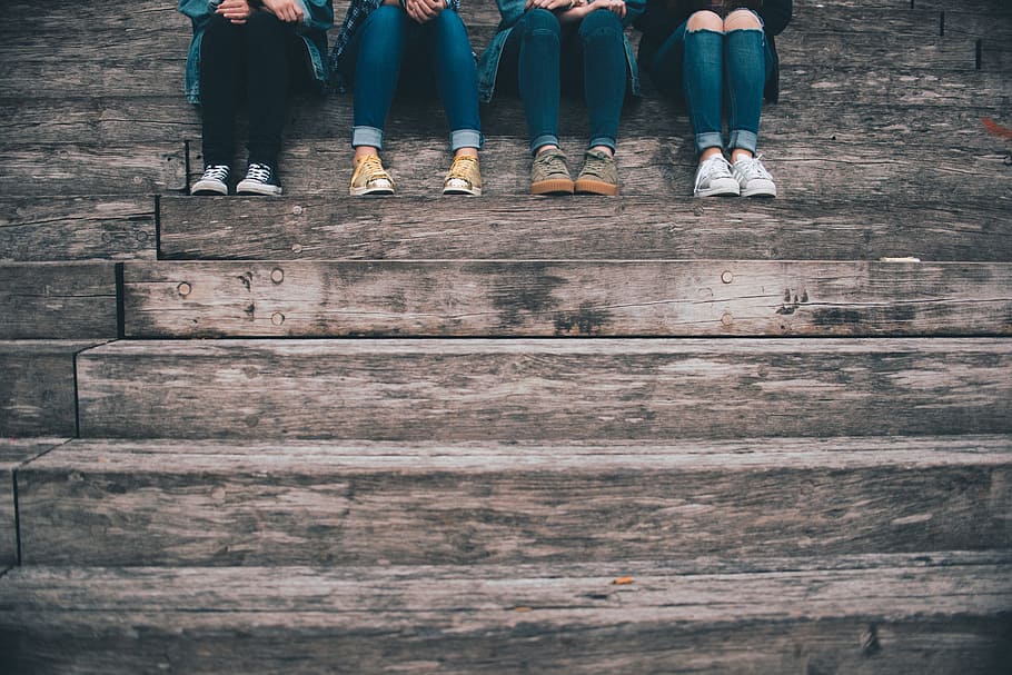 four, persons, sitting, stair, stairs, shoes, jeans, people, sneakers, wooden