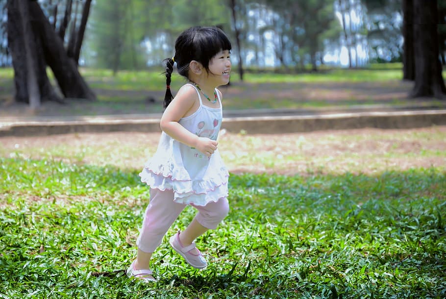 running, grass field, Child, Asian, Girl, Cute, young, happy, children, childhood