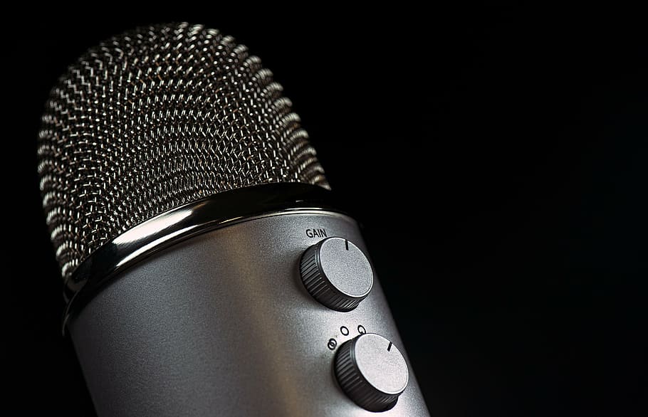 cinza, microfone condensador, preto, plano de fundo, microfone, vocal, mídia, alto falante, som, tecnologia