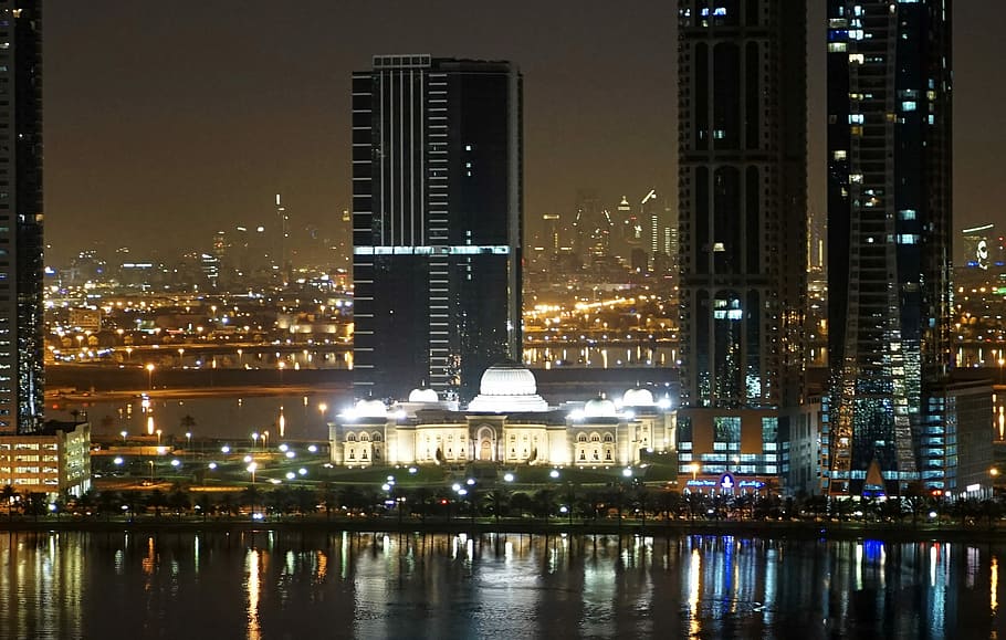 baru, kamar sharjah, perdagangan, bersatu, emirat arab, Pemandangan malam, Sharjah, Kamar Dagang, Uni Emirat Arab, bangunan