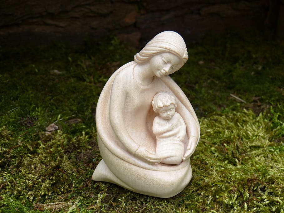 ceramic, woman, child figurine, green, grass, christmas, advent, nativity scene, crib, maria