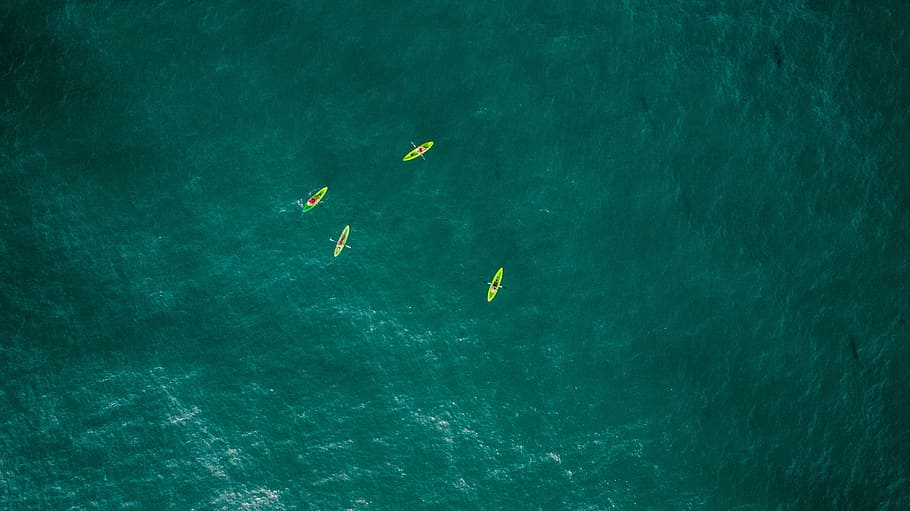 bird-eye, view photography, four, boats, ocean, sea, blue, water, nature, boat