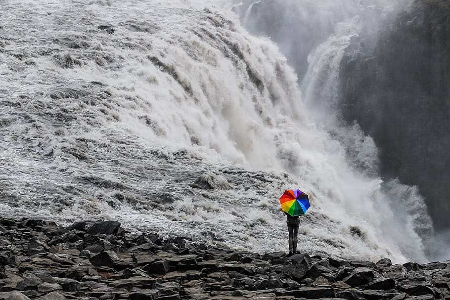 waterfall, colorful, color, dettifoss, iceland, umbrella, woman, girl, water, force