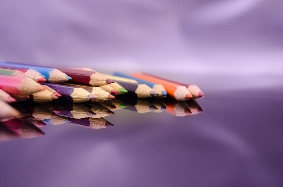 conjunto de lápis de cor, cor, colorido, lápis, giz de cera, caneta, arco íris, reflexão, vibrante, ponta