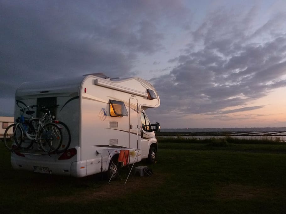 white, rv, parked, calm, body water, clouds, mobile home, camping, holiday, vehicle