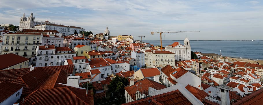 Lisbon, portugal, kota tua, jalan, arsitektur, eksterior bangunan, kota, struktur yang dibangun, air, bangunan