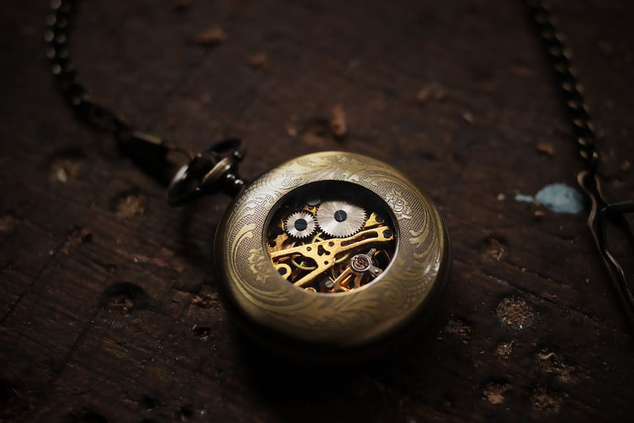 round gold skeleton, watch, timepiece, clock, pocketwatch, dial, old, gears, gold, aged