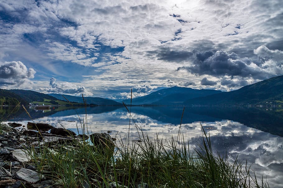 sky, clouds, mountain, lake, valley, plants, grass, trees, forest, reflection