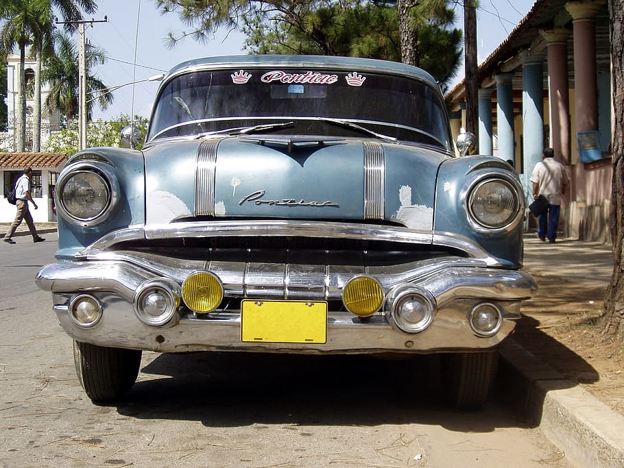 classic, gray, vehicle, parked, curb, daytime, cuba, auto, automotive, oldtimer