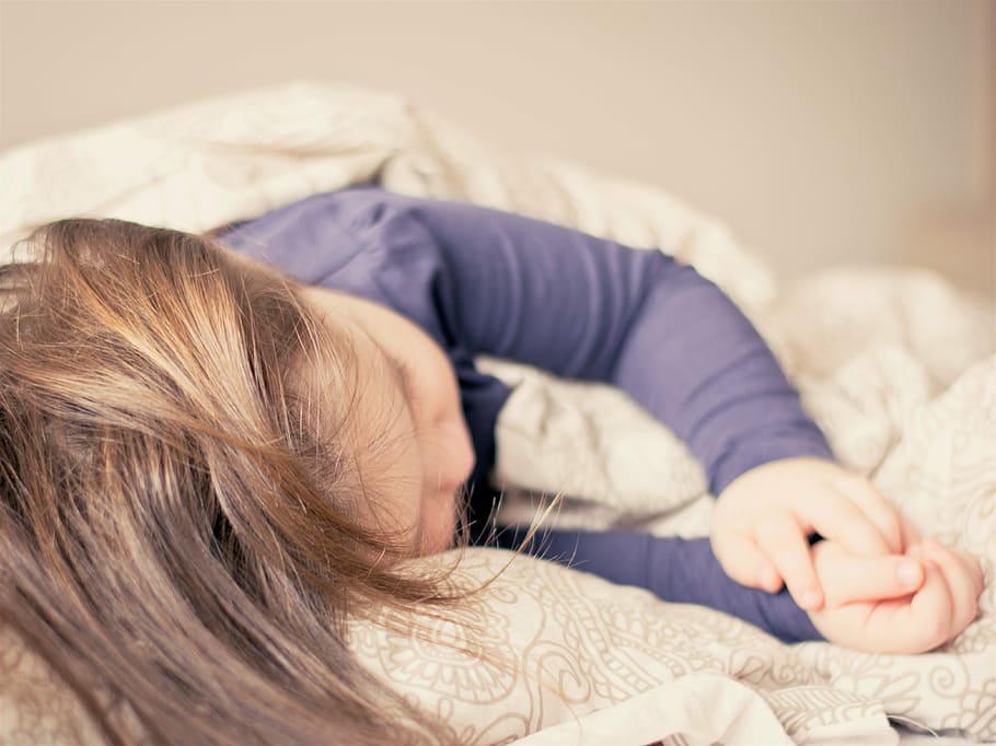 person, wearing, blue, long-sleeved, top, baby, girl, sleep, child, toddler