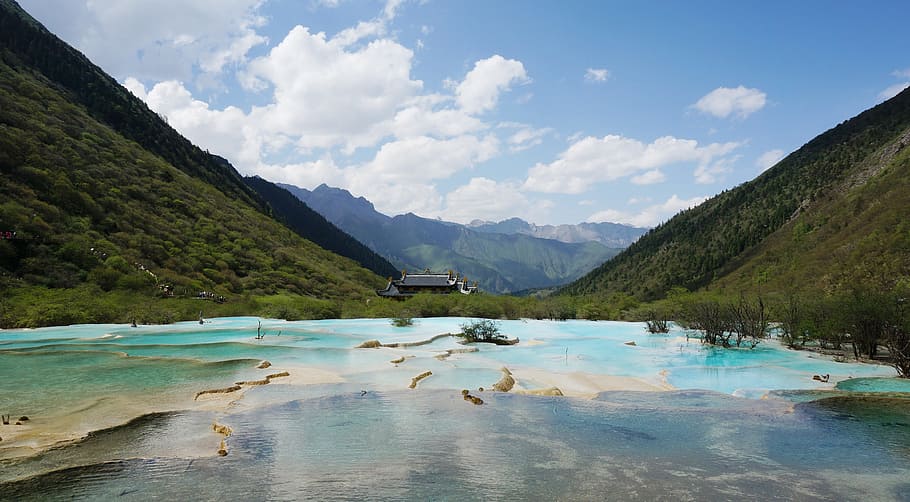 China, Sichuan, Jiuzhaigou, Verão, lago deusa, montanha, céu, paisagens, nuvem - céu, água