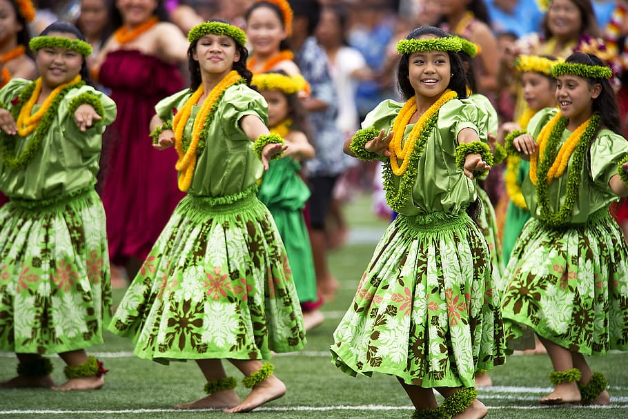 group, women, green, floral, dress dancing, hawaiian hula dancers, aloha stadium, dod photo, by usaf tech, sgt