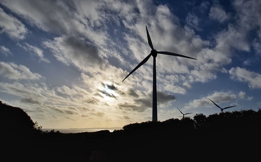 sky, wind turbine, windmill, energy, landscape, clouds, electricity, renewable, environmental, silhouette