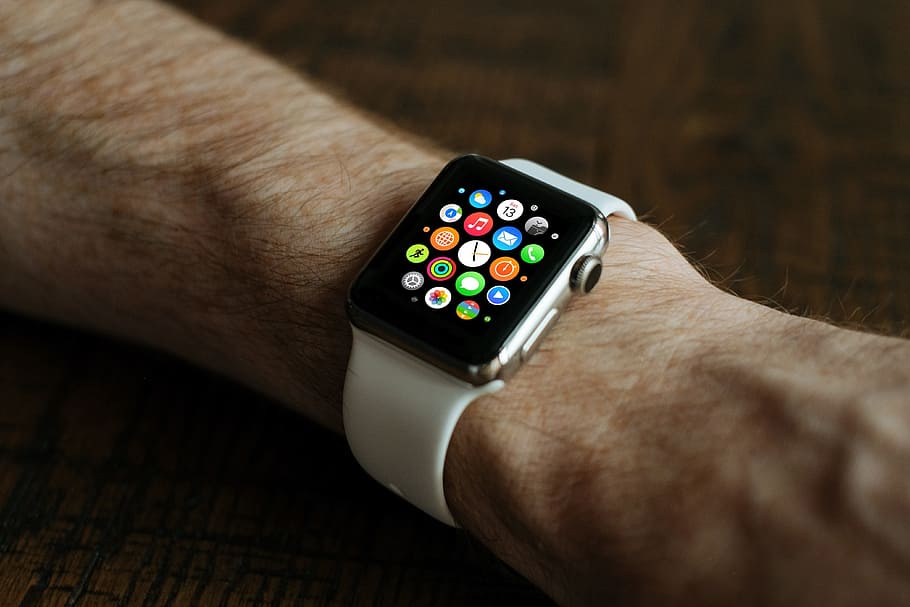 person, wearing, space, gray, apple, watch, white, sports band, smart watch, technology