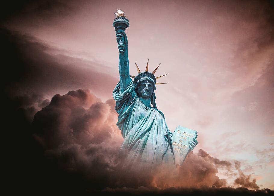 像, 自由, 新しい, ニューヨーク, 灰色, 雲, 自由の女神, 混乱, 世界を啓蒙する政治, 聖火