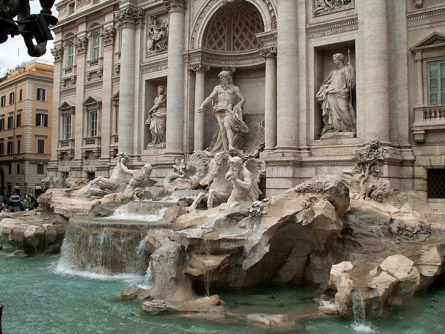 Foto, ángeles, estatuas de dioses, afuera, edificio, fuente de agua, Trevi, Fuente, Fontana Di Trevi, Roma