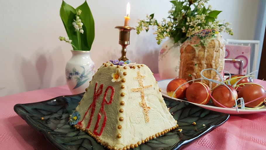 easter, easter cake, candle, table, eggs, christ is risen, food, kitchen, holiday, celebration