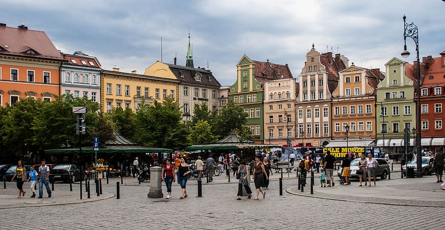 wroclaw, silesia, wrocław, marketplace, town hall, building exterior, architecture, built structure, city, crowd