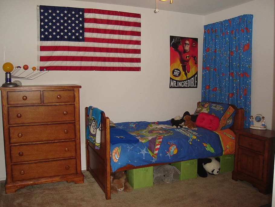 bed, room, boy, american flag, bedroom, interior, home, furniture, white, pillow