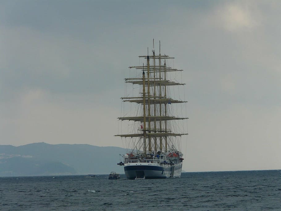 sailing vessel, sea, ship, water, sky, clouds, sail, boot, masts, sailor