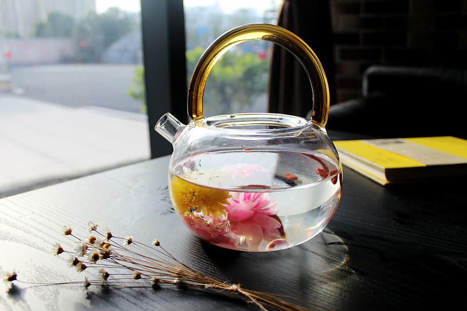 clear, glass kettle, black, wooden, table, tea rose corolla, café, book, teapot, glass
