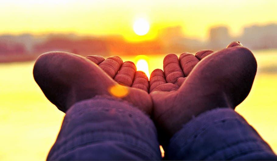 person's two hands, sunset, hands, holding sun, beach, wave, sea, tide, reef, tropical climate