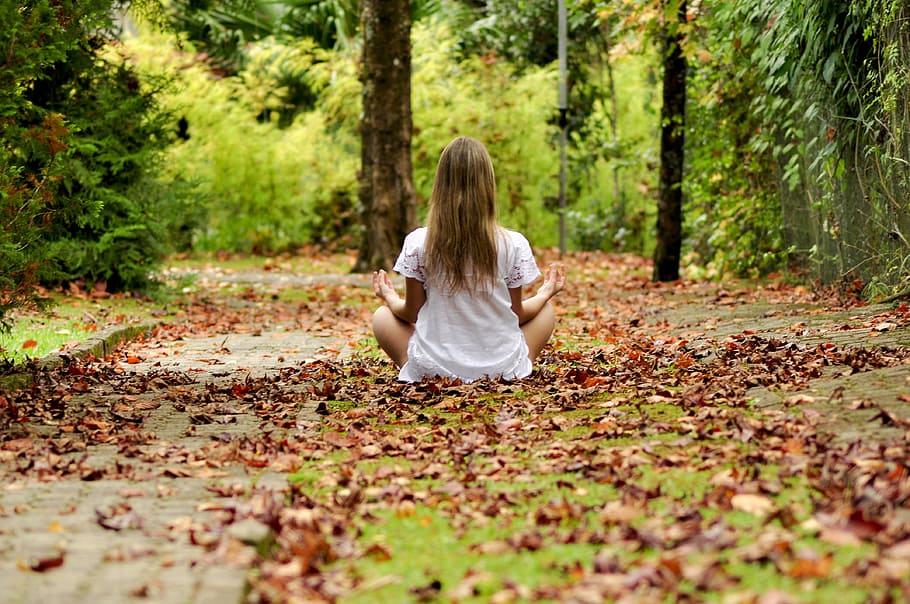 woman, wearing, white, top, meditating, girl, child, forest, child playing, linda