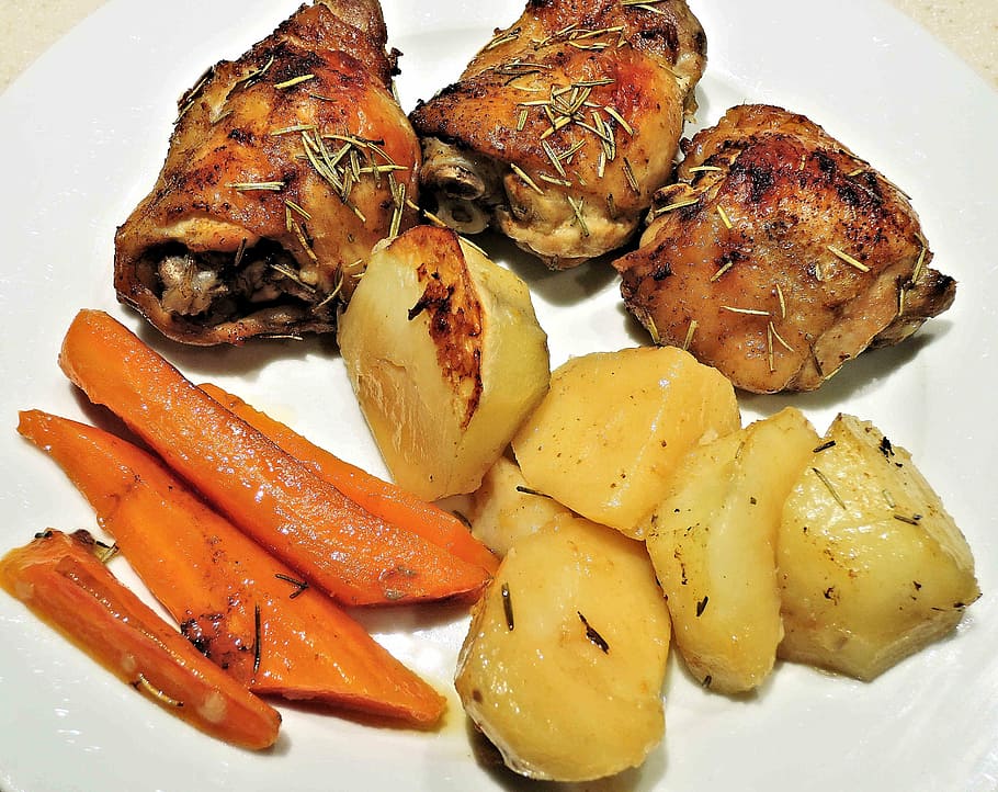 cooked, dish, vegetables, roasted chicken thighs, potatoes, carrots, rosemary, garlic, food, gourmet