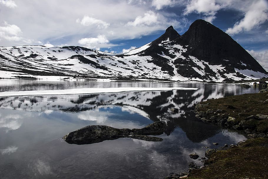 mountain, snow, water, landscape, the nature of the, summer, jotunheimen, norway, cloud - sky, sky