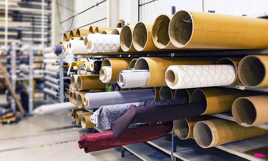 ассорти рулонного текстиля, рулоны ткани, фабрика, материал, производство, промышленность, бумага, рулон, шаблон, завод