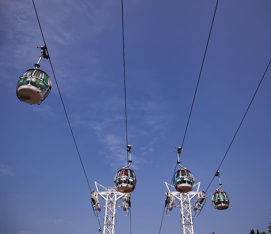 cable car, ride, high, sky, tourism, holiday, low angle view, hanging, cable, lighting equipment