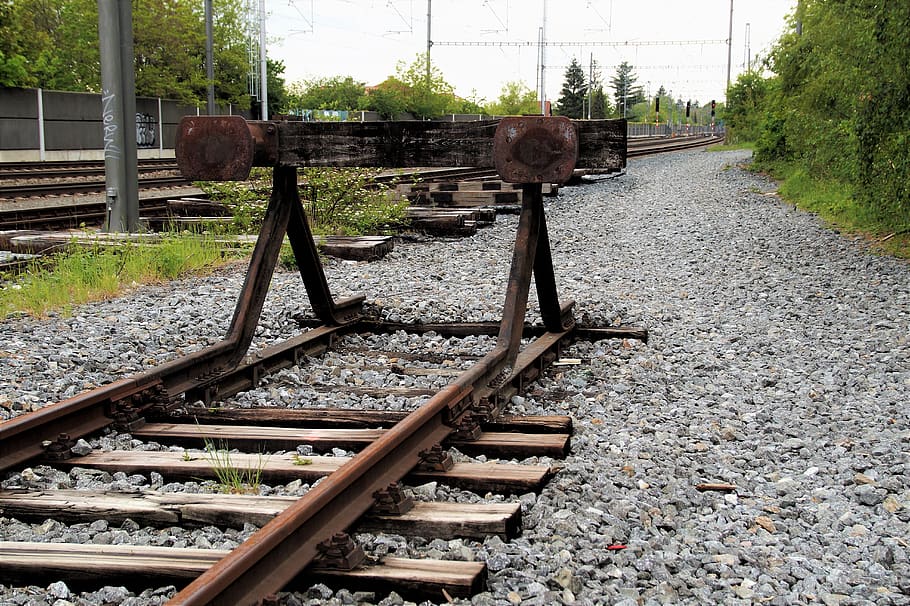 linha, fim, faixa, trem, ferrovia, trilho, abandonado, transporte, enferrujado, parar