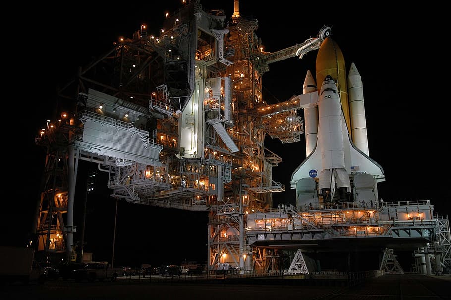 white, brown, space rocket, day time, launch pad, rocket launch, night, space shuttle, discovery, nasa