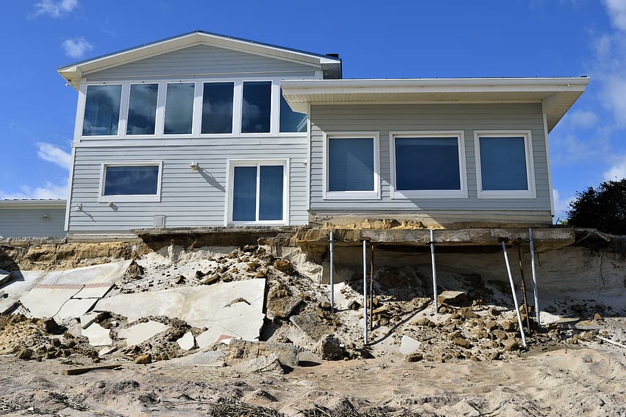 white, blue, 2-storey, 2- storey house, beach erosion, hurricane matthew, damage, landscape, outdoors, sky