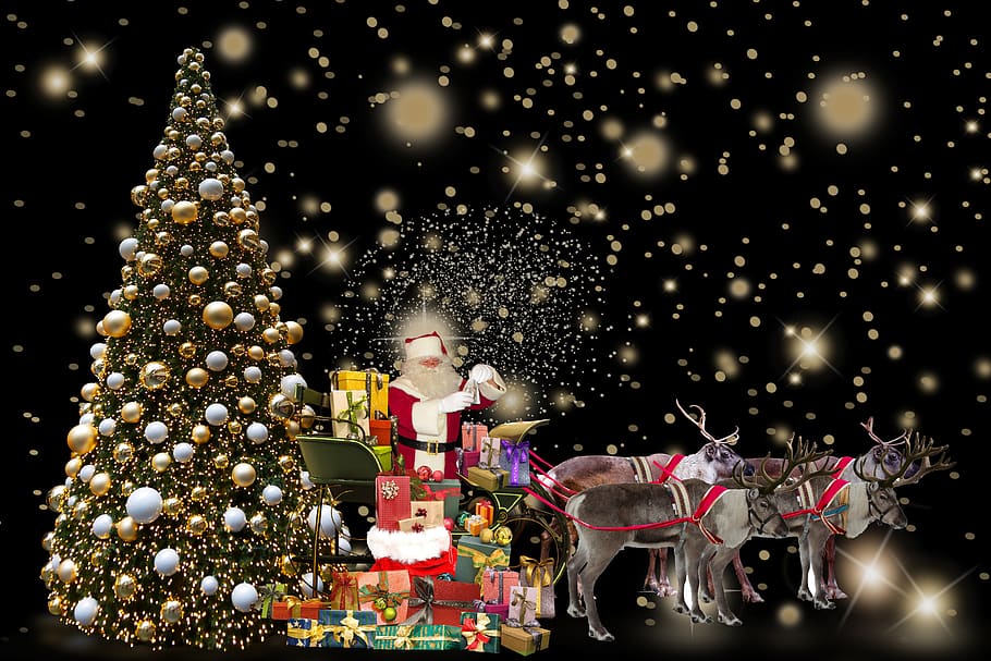 background, christmas, christmas tree, gifts, surprise, reindeer, slide, santa claus, christmas greeting, christmas time