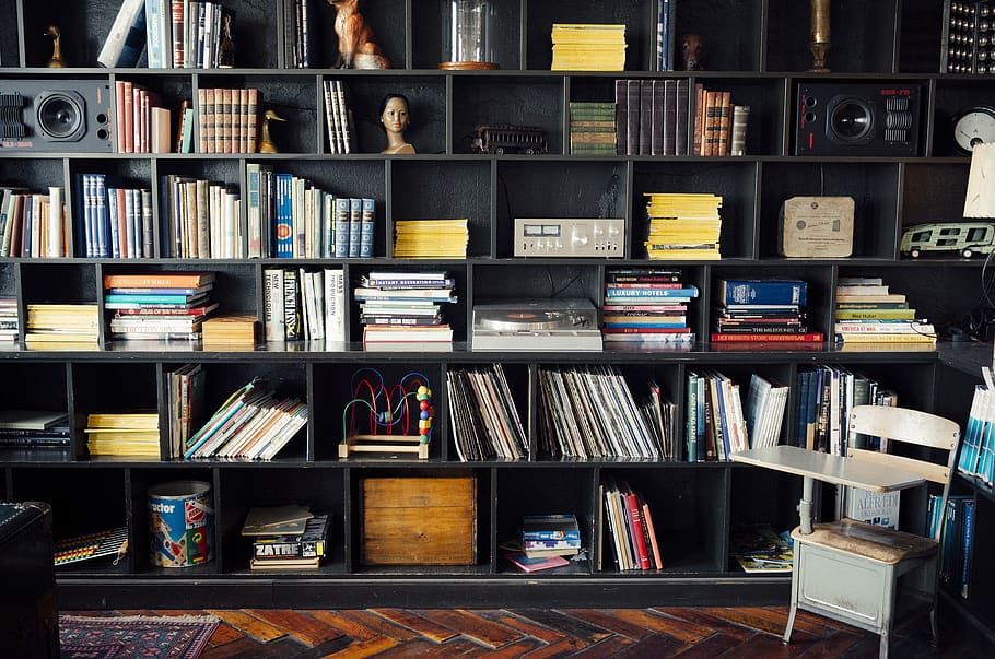 bookshelf, shelves, books, albums, records, lps, speakers, equipment, toys, memorabilia