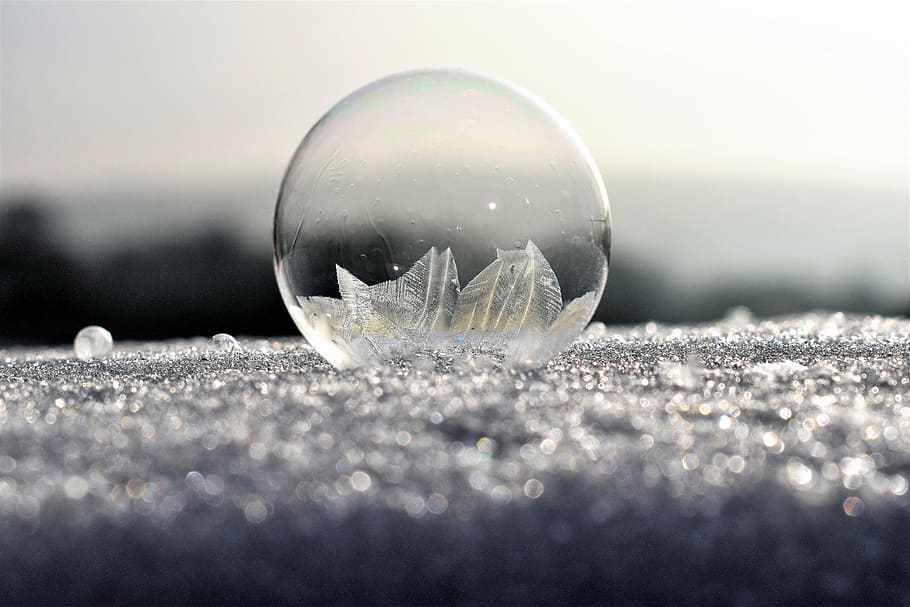 fotografi fokus, jelas, gelembung, tanah, gelembung sabun, beku, es, gelembung beku, eiskristalle, musim dingin