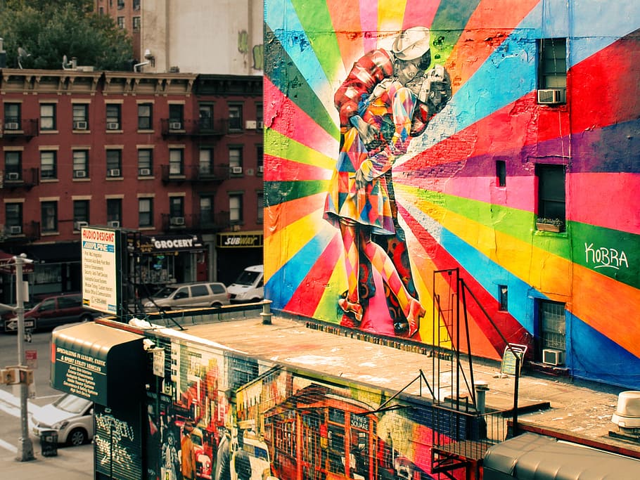 foto, wall art street, fachada, graffiti, pared, colorido, colores, pintura, pareja, besos
