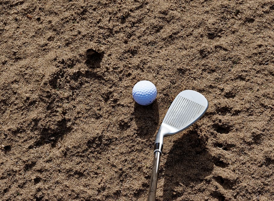silver golf club, golf ball, sand, golf, bunker, trap, sport, course, club, golfing
