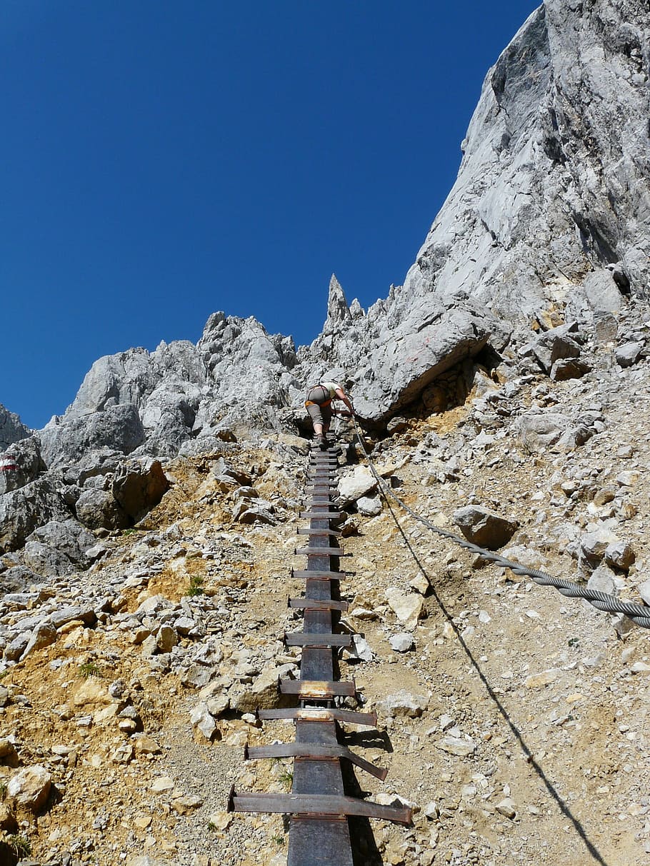 person, rocky, mountain, Climbing, Climber, gamsängersteig, shoring, metal, head, climbing aid