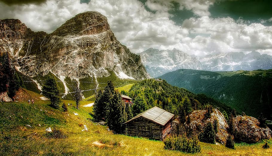 brown, wooden, horse, mountain, daytime, Dolomites, Mountains, Italy, South Tyrol, alpine