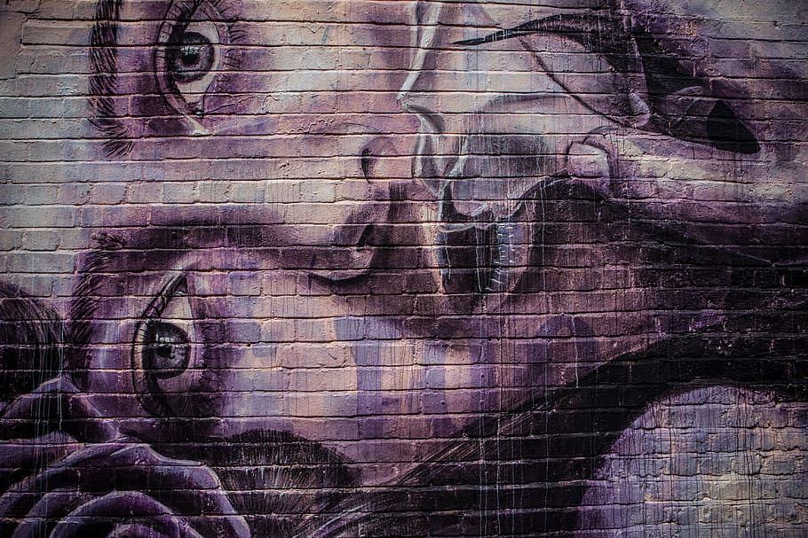 púrpura, aplicado, pared de ladrillo, Londres, Inglaterra, Detalles, Este, urbano, graffiti, arte callejero